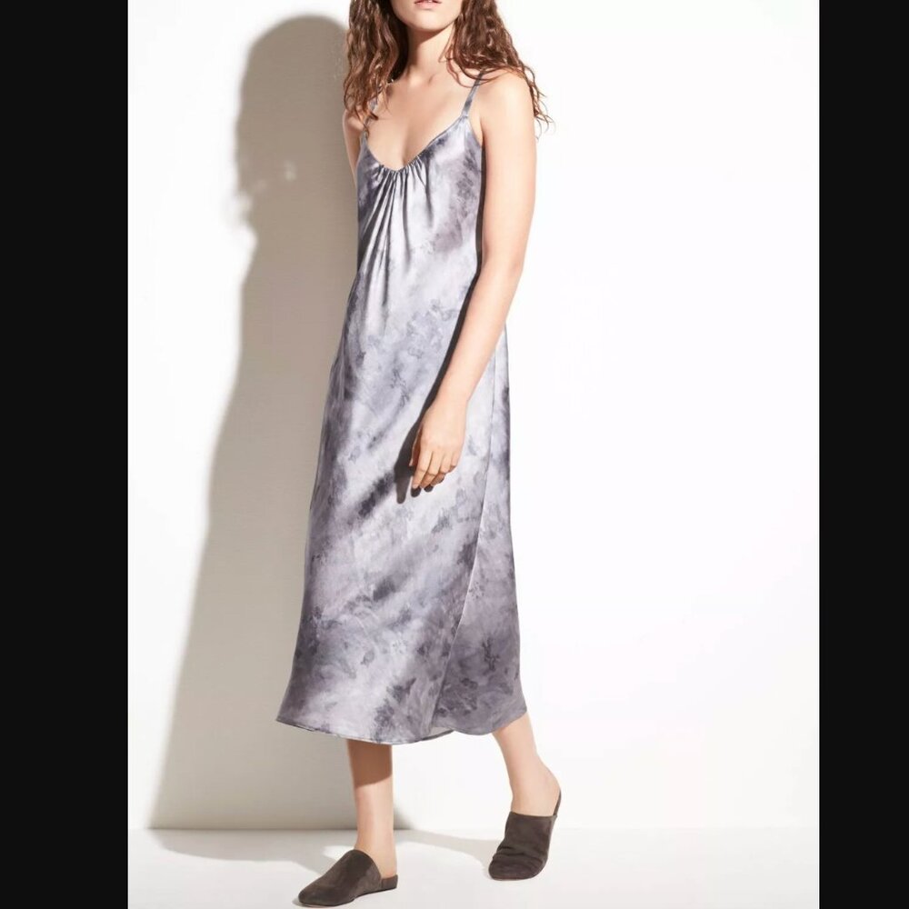 VINCE Marble Silk-Satin Cami Midi Dress